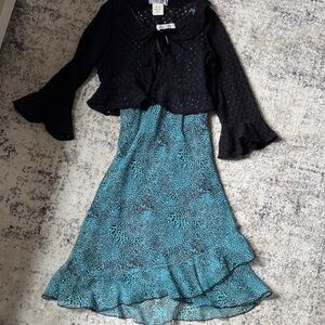 Kids Black Cropped Knit Cardigan with Teal Printed Dress